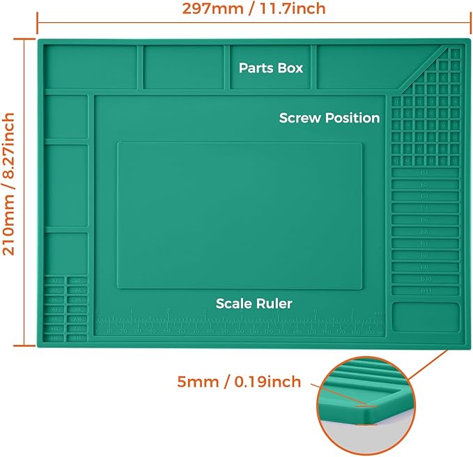 Noah Premium Heat Resistant Soldering Mat 932°F,Silicone repair Mat for Soldering Desoldering,Cell Phone, Laptop Repair, 11.8''x8.3'',Green
