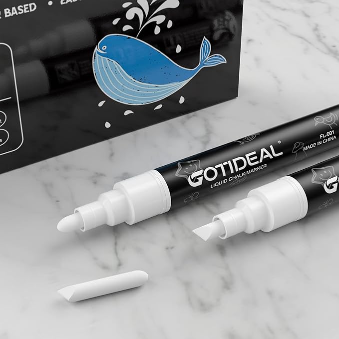 GOTIDEAL White Chalk Markers, Bold Tip Washable, for Blackboard, Glass & Bistro, Car Window, Non-Toxic, Erasable Paint Chalk Pens, Reversible Tip-6mm