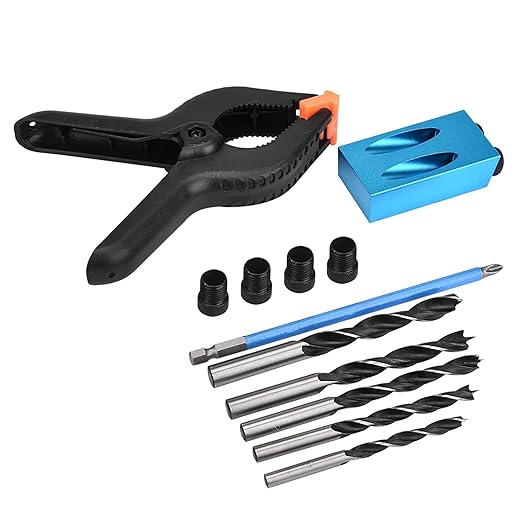 34Pcs Wood Woodwork Guides Joint Angle Tool Carpentry Locator,Pocket Hole Jig 15° Woodworking Inclined Hole Fixture 6/7/8/9/10mm Drill Bits Dowel Screw Drill Jig Joinery Kit Carpenters
