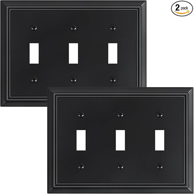 2-Pack Triple Toggle Light Switch Cover Plate, Durable Natural Bamboo Fiber Decorative Switch Plate Covers, Matte Black 3 Gang Wall Plate, Corrosion Resistant