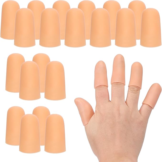 PATIKIL Finger Sleeve Protectors, 20pcs Silicone Finger Cots Cover Cap Thumb Guard Gel Finger Protection for Repair, Sports, 1.6"x0.8" Skin Color