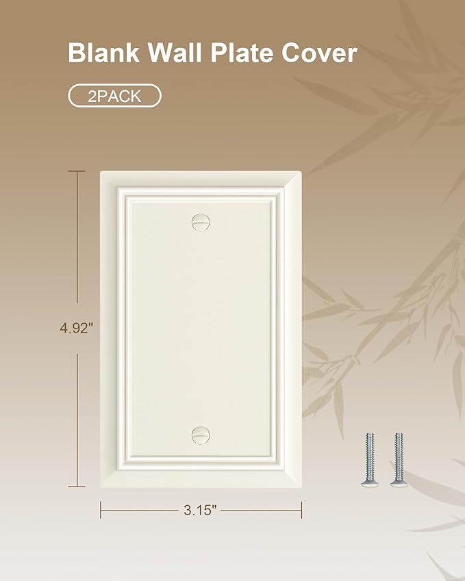 2-Pack Single Blank Wall Plate, Durable Natural Bamboo Fiber Wall Plate Cover,Light Almond 1 Gang Wall Plate for Unused Outlets/Switches, Corrosion Resistant