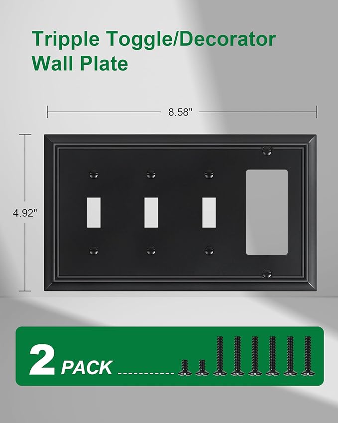 2-Pack Combo Triple Toggle/Decorator Outlet Cover Plate, Black Decorative Switch Plates and Outlet Covers, Durable Natural Bamboo Fiber Wall Plates for Electrical Outlet, Receptacle, GFCI Outlet