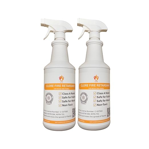 Clore Fabric & Wood Fire Retardant Spray – Class A Flame Resistant Treatment, NFPA 701 & ASTM E84, Non-Toxic Fireproofing Spray for Drapes, Lumber, Décor (2 Spray Bottles, 32 Fl Oz)