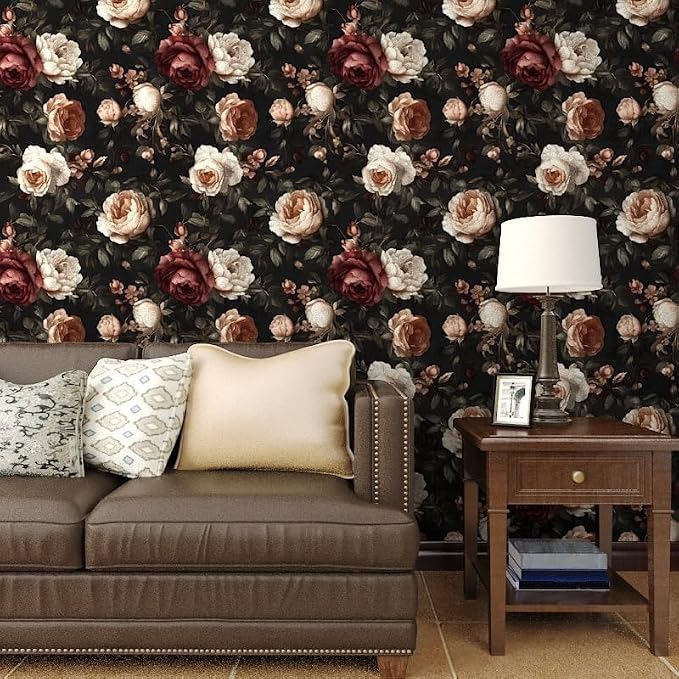 Gothic Black Red Rose Floral Wallpaper Peel and Stick 17.5"x197" | Self Adhesive/Removable/Waterproof/Thick Vinyl Vintage Contact Paper for Bathroom Bedroom Shelf Cabinet Drawer,Prepasted