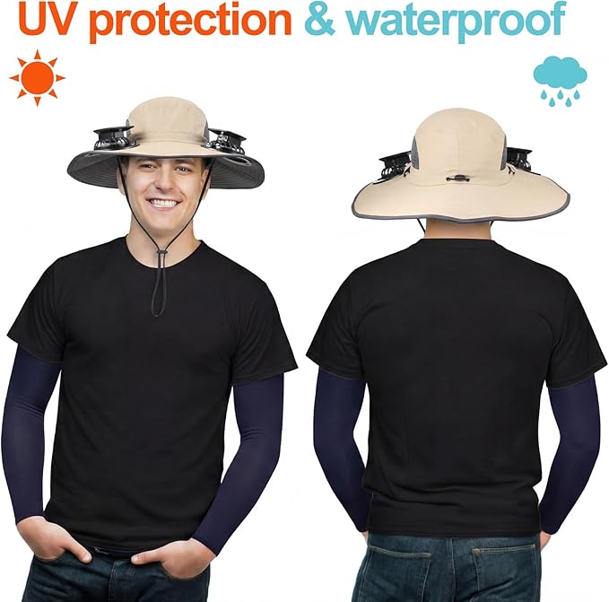 Glitopper 2 Set Wide Brim Solar Fan Hats with 2 Solar Fan and Arm Sleeves Set Outdoor Fishing Bucket Hat for Men Women Hiking
