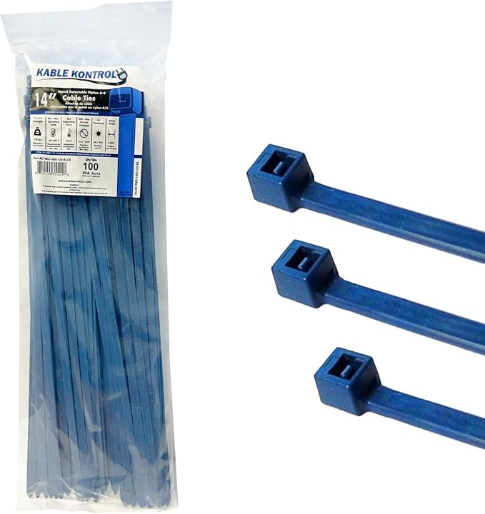 Kable Kontrol Metal Detectable Blue Zip Ties 100 Pcs, 14 Inch, 120 Lbs Test | Iron Infused Cable Ties, Self-Locking, Metal Detector Compatible, Material Complies FDA Standards