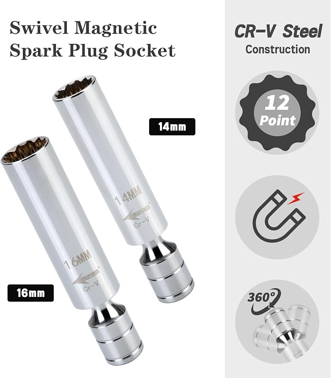 AEROFORCE 14PCS 3/8" Drive Spark Plug Socket Set – Includes 2 Magnetic Sockets (14mm, 16mm) & 5 Rubber-Grip Sockets + Torque Wrench (5-45 Lb.ft), Swivel Joint & Extension Bar – CR-V Steel