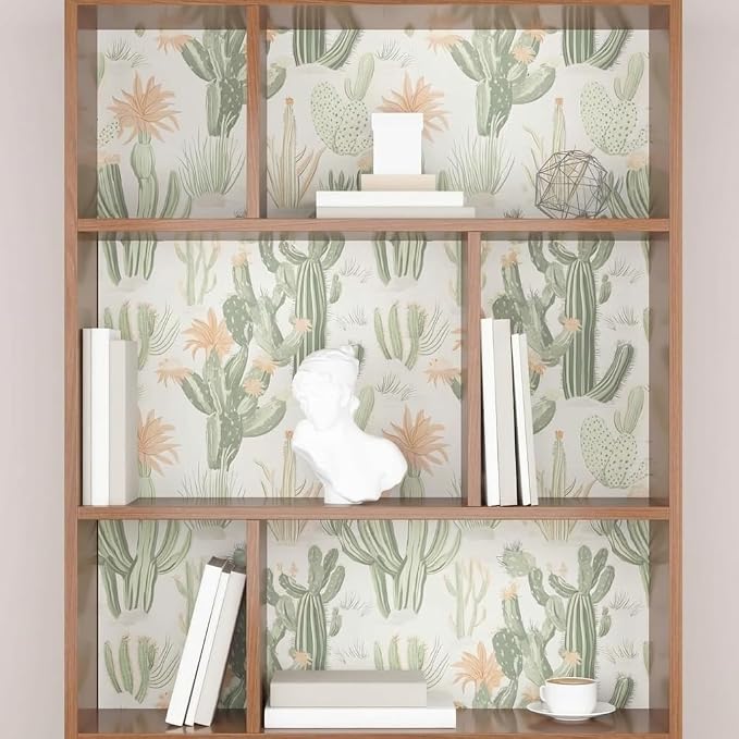 Light Cactus Floral Peel and Stick Wallpaper 17.5" x 118",Beige | Self Adhesive/Removable/Waterproof/Thick Vinyl Contact Paper for Bathroom Bedroom Shelf Cabinet Drawer,Prepasted,Easy Peel