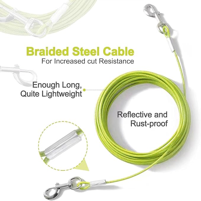 Tie Out Cable for Dogs,10/20/30/50/100FT Dog Leads for Yard Chew Proof,Heavy Duty Tie Out Cable for Large Dogs Up to 125lbs,Dog Runner Tether (Green, 125Ibs 100ft)