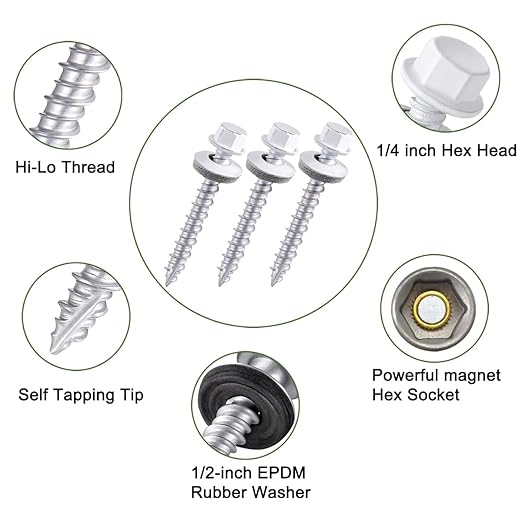150 Pcs White #10 x 1-1/2" Metal Roofing Screws - Galvanized Hex Head Self-Tapping with EPDM Washers Sharp Point,for Corrugated Roofing, Wood Siding, Fences, Carports, Garages, Sheds