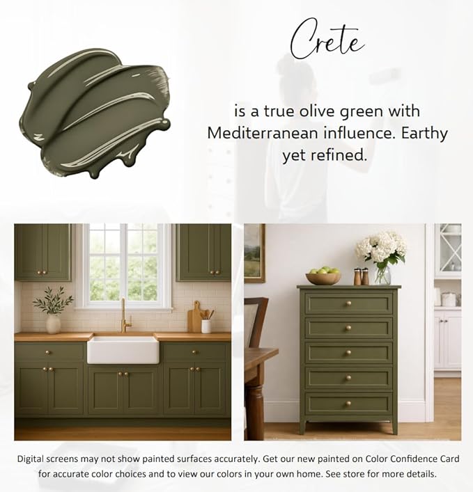 ALL-IN-ONE Paint by Heirloom Traditions, Crete (Olive Green), 8oz Sample - Durable cabinet and furniture paint. Built in primer and top coat, no sanding needed. Includes our 30 featured color card.