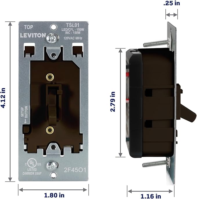 Leviton Toggle Slide LED Advanced Dimmer Switch for 150W Dimmable LED, Halogen and Incandescent Bulbs and Fixtures, TSL01-10B, Brown