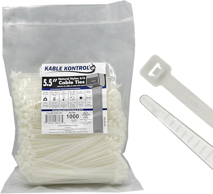Kable Kontrol Cable Zip Ties, 5.5 Inch, 1000 Pcs, 40lbs Test, Natural White | Nylon Plastic, Self Locking, UL Listed, Indoor Use