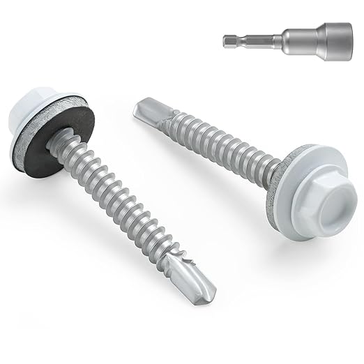 #10 x 1-1/2 in Self-Drilling Metal Roofing Screws,Sheet Metal Roof Screw,EPDM Washer,White Hex Head,with Hex Driver Bit(3LBs,238Pcs)