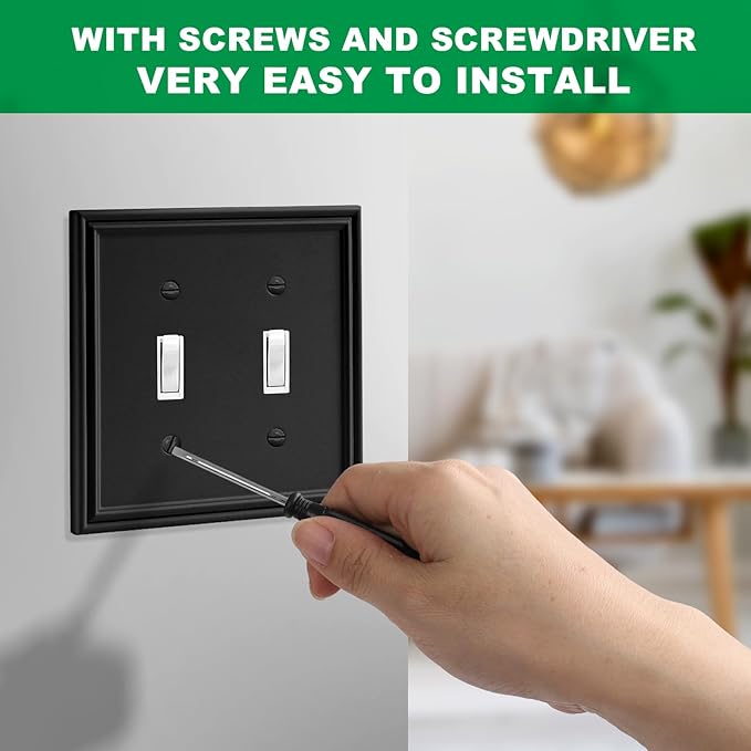 Black Modern Decorative Wall Plate Light Switch Cover Decorator Outlet Covers Rocker Switch Plates Bamboo Fiber Material Wall Plates for Kitchen Bathroom (2 Gang Double Toggle-2 Pack)