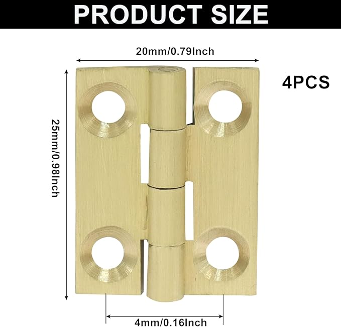 Murtenze 4 Pcs 1 Inch Mini Solid Brass Hinges，Brass Cabinet Hinges Small Box Hinges Butt Hinges for Cabinet, Drawer, Wood Box
