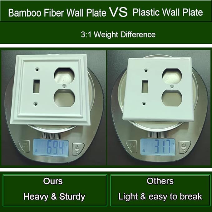 Wall Plates,Toggle Light Switch Plates/Duplex Receptacle Outlet Cover Combination, Bamboo Fiber Material Wall Plate, Standard Size Wall Plates of various styles, White (2 Gang Toggle/Duplex 2 Pack)