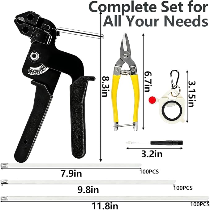 Stainless Steel Cable Tie Gun Kit,Metal Zip Tie Tool with (100 Each of 6,8,12 Inch) Adjustable Fastening Cutting Tie Tool Sets,Adjustable Tension Fastening/Cutting Tool (200LBS) for Industrial/Fence