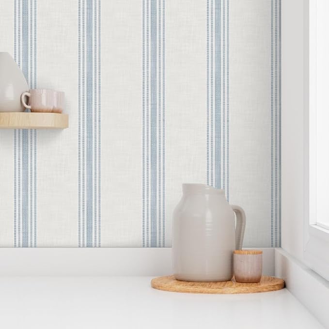 Spoonflower Blue Ticking Stripe Peel and Stick Wallpaper | Roll 24" x 108" | Neutral Cottage Simple Traditional | Self-adhesive, removable and renter-friendly