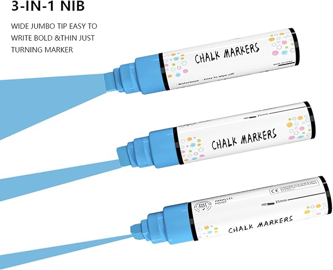 Anyo 12 Pack Chalk Markers for Blackboard, Window Paint with 15mm 3-in-1 Jumbo Nib Tip, Metallic & Neon Color Wet Erase Window Markers for Glass Washable, Glass, Mirror, Blackboard, Bistro, Menus