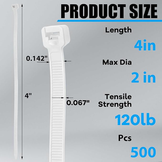 Reallnaive 500 Pcs 4 Inch Zip Ties Heavy Duty 120 Lbs Tensile Strength White Nylon Wire Cable Ties for Indoor Outdoor