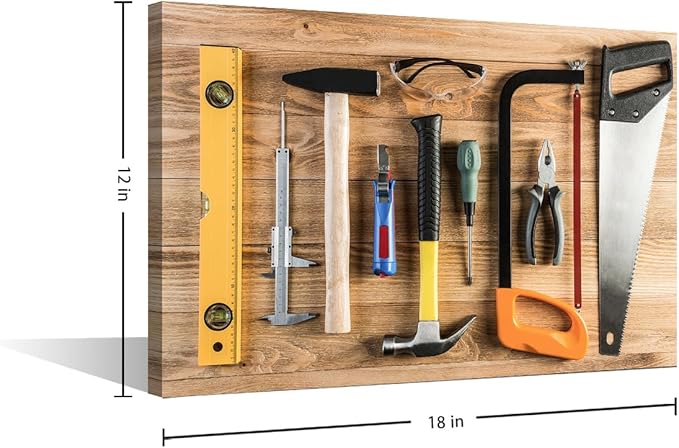 Assorted Work Tools on Wood Background Picture 1 Panels Canvas Wall Art Hammer and Ruler Poster Framed Artwork for Home Living Room Bedroom Wall Decor Ready to Hang (12" Wx18 H)