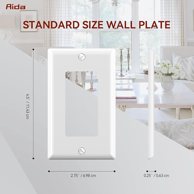 AIDA 1-Gang Standard Light Switch Cover Plate, Decorative Outlet Covers, Glossy White, 1-Pack Unbreakable Polycarbonate Wall Plates for Decorator Device, UL Listed, 4.5" H x 2.75" L