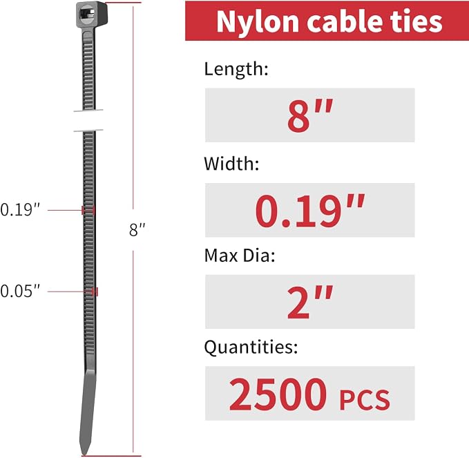 8 Inch Yellow Zip Ties (2500 Pack), 65 LBS Tensile Strength, Self-Locking Nylon PA66 UV Resistant Cable Ties for Indoor and Outdoor Use
