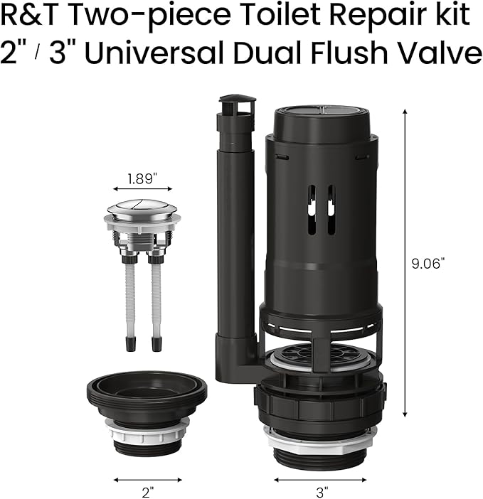 R&T Universal Dual Flush Valve for 2-piece Toilet with Top Push Button Toilet Repair Kit Inside Tank Compatible with 3-Inch and 2-Inch Toilet Drain Outlet A2422