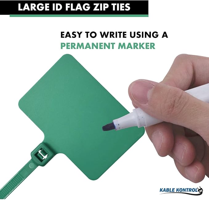 Kable Kontrol Cable Marker Identification Zip Ties 9 Inch 100 Pcs – Green | Large ID Flag Label Straps, Self-Locking Write on Tags for Ethernet, Power, and Cord Labeling
