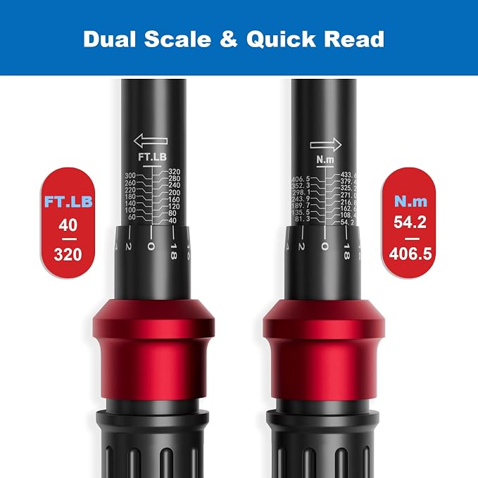Torque Wrench 1/2-Inch Drive, 40-320Ft.Lb, for Motorcycle & Auto | 4.2-433.6Nm, 72-T Dual-Direction, ±3% Accuracy, Click Alert, for Car Lug Nuts, Engine, Suspension, Moto & Machinery Bolt