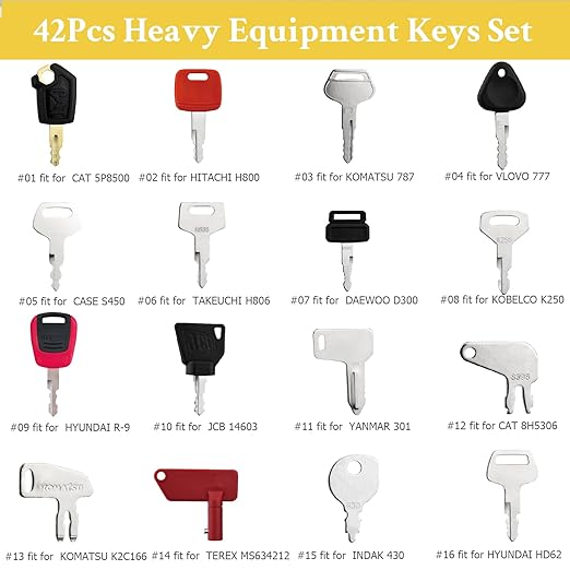 42 Heavy Equipment Keys Master Set, Construction Machine Ignition Key for Cat Caterpillar John Deere Komatsu Volvo Bobcat Kubota JCB Case Hyster Yanmar Daewoo Takeuchi Ford New Holland
