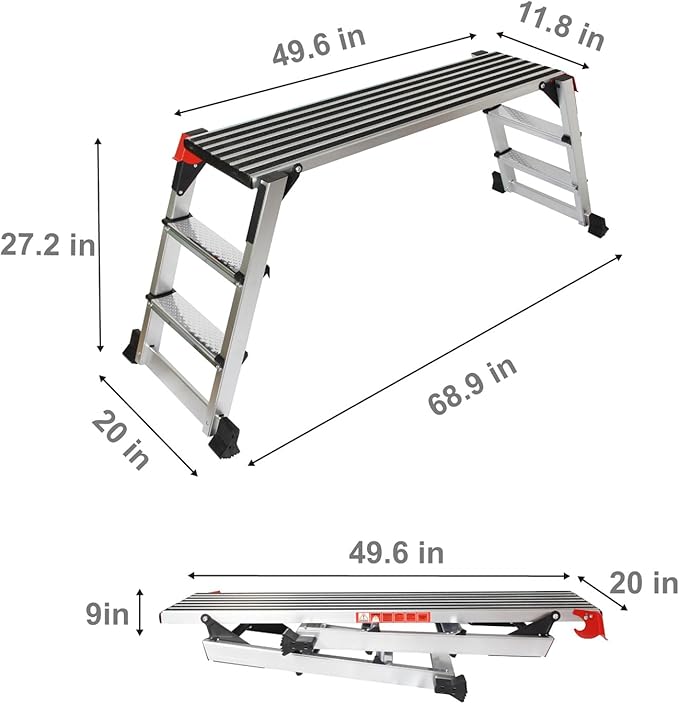 LEADALLWAY Aluminum Work Platform 50""x12"" 2 Step Ladder Folding Portable Work Bench with Non-Slip Mat Capacity 660 LBS Heavy Duty, Silver