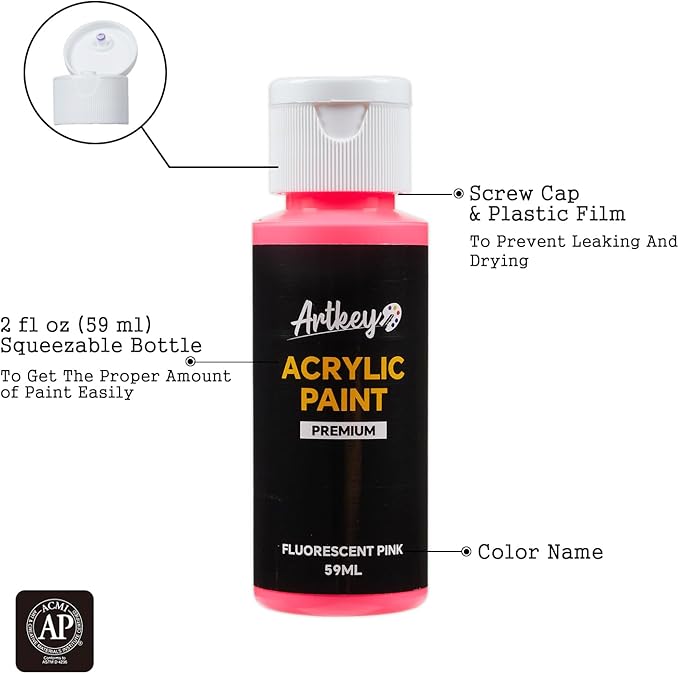 Artkey Acrylic Paint Set, 16 Colors 2 oz/59 ml Acrylic Paint Kit for Professional Artists & Beginners – Memphis Style “Pop Art Colors” Palette for Canvas, Wood, Fabric, Rock, Leather, Ceramic, Glass