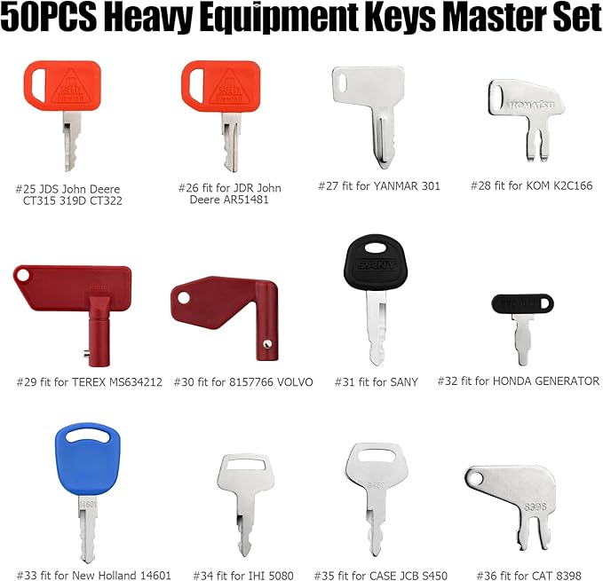 50 Heavy Equipment Keys Master Set, Construction Machinery Keys Set for Cat Catrepillar John Deere Komatsu Kubota Volvo Case JCB Hyster JLG Yanmar Takeuchi New Holland Heavy Equipment