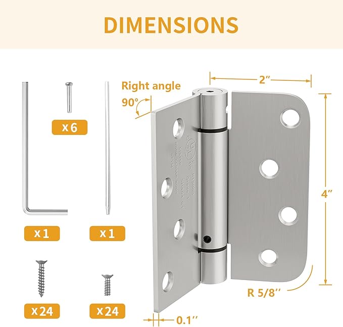 Luxbaro 3 Pack Self Closing Door Hinges, 4 Inch Spring Loaded Hinges with Square & 5/8'' Radius Corners, Adjustable Tension for Garage, Front Door, for Left and Right Hand Door, UL Listed