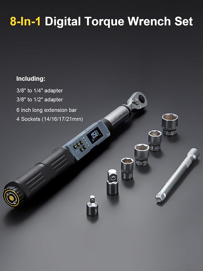 GROWNEER Digital Torque Wrench, 5-99.6 Ft-lbs/6.8-135 Nm, 3/8'' Drive Rachet Torque Wrench with Buzzer & Colorful LED Indicator, Electronic Torque Wrench Set for Bike Motorcycle Car Tire Auto Repair