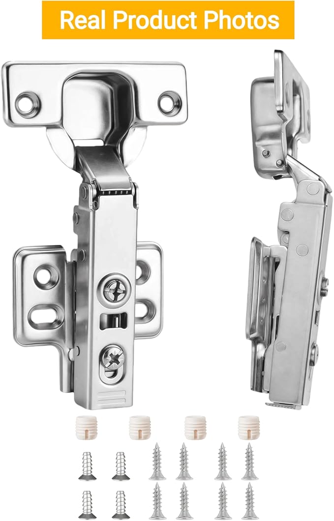 20pcs Full Overlay Cabinet Hinge Frameless Concealed Door Hinges European Soft Closing Four-Hole Mounting Plate Hinges Nickel Plated Finish