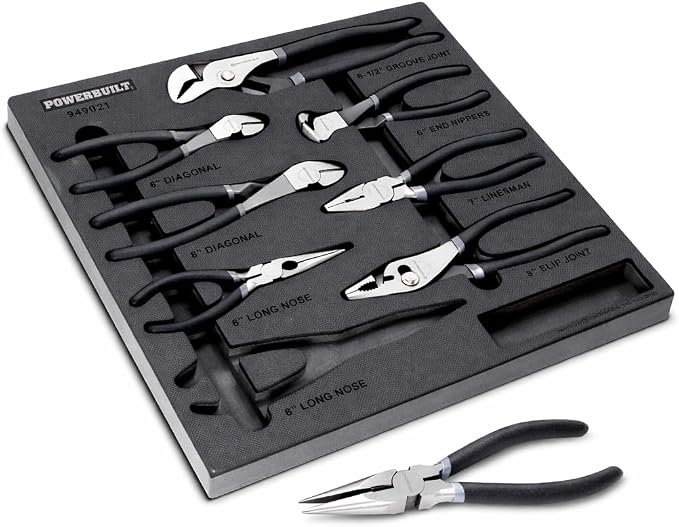 Powerbuilt 8 Piece Master Pliers Set, Long Reach, Diagonal, Slip Joint, Adjustable, Linesman, Groove Joint, End Nippers, Hand Tools Organizer Tray - 949023