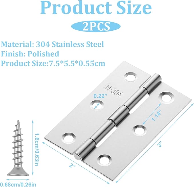 2 Pcs 3" Stainless Hinges,Stainless Steel Folding Butt Hinges Door Hinges with 12pcs Stainless Steel Screws Window and Door Hinges for Doors Wooden Boxes Windows (Silver)