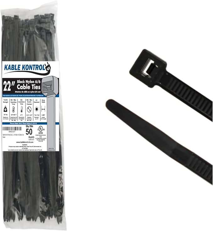 Kable Kontrol Cable Zip Ties, 22 Inch, 50 Pcs, HD 250lbs Test, Black | Nylon Plastic, UV-Resistant, Self Locking, UL Listed, Indoor & Outdoor Use