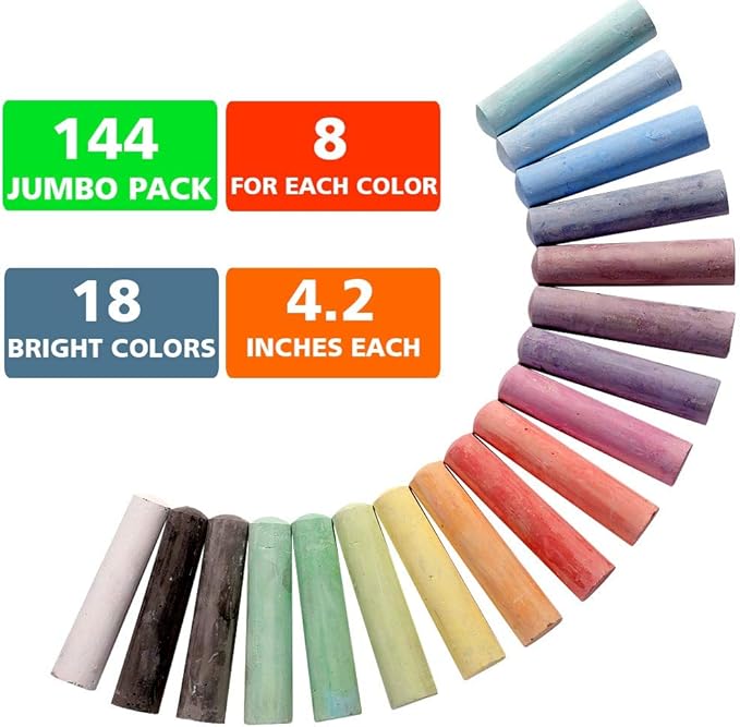 feela Sidewalk Chalk, 144 Pack 18 Colors Sidewalk Chalk Set For Kids Jumbo Chalk Bulk, Great for Kids Family, Paint on Sidewalk School Chalkboard Blackboard Street Playground