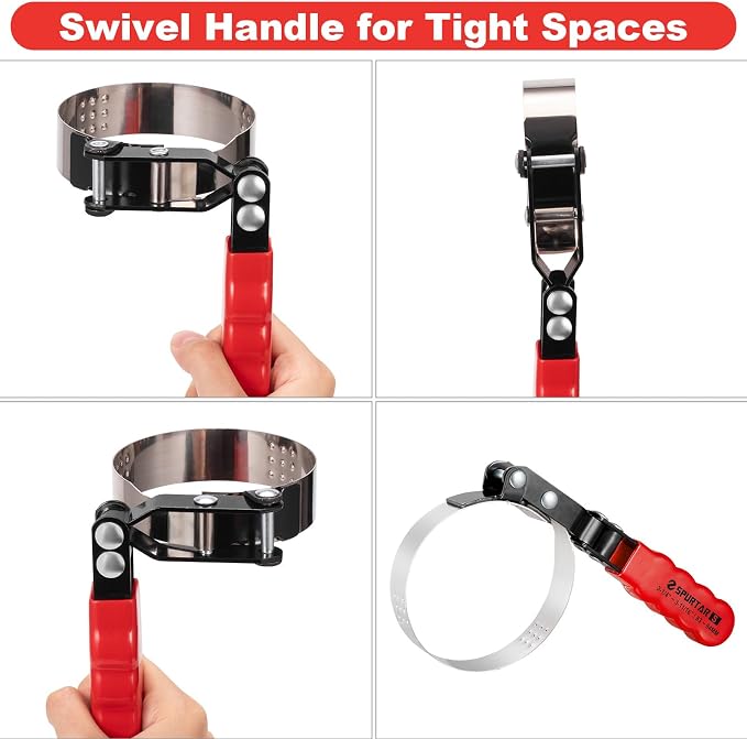 Spurtar Small Oil Filter Wrench Adjustable Swivel Oil Filter Removal Tool | Fits Filters 3-1/4" to 3-11/16" (83-94mm) for 4S Shop Auto Repair Mechanic DIY Generator Small Engine