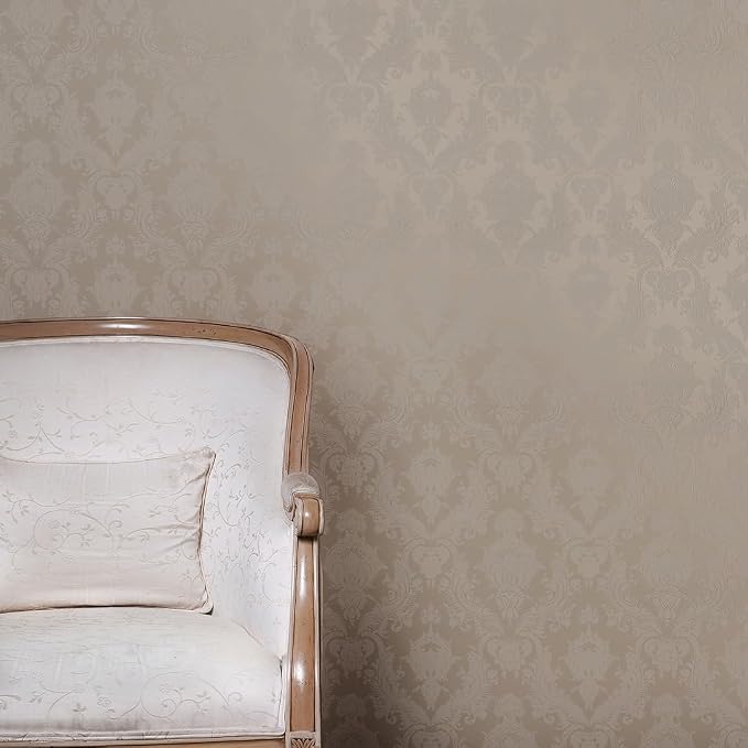 Tempaper Textured Beige Damsel Removable Peel and Stick Damask Wallpaper, 20.5 in X 16.5 ft, Made in the USA
