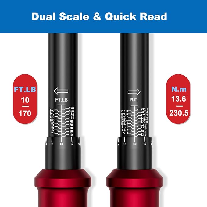 Next-Gen 100-Tooth, 1/2" Drive Click Torque Wrench, 10-170 Ft.Lb | 13.6-230.5 N.m, ±3% Accuracy, 3.6° Arc Swing Tool for Truck/SUV Suspension, Heavy Duty Control Arms, Lug Nuts & Auto Repair