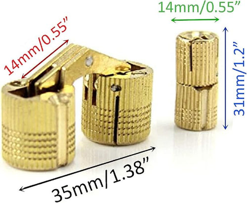 12 Pcs 14mm Brass Barrel Hinges Hidden Invisible Cabinet Furniture Hinges Concealed 180 Degree Opening Angle