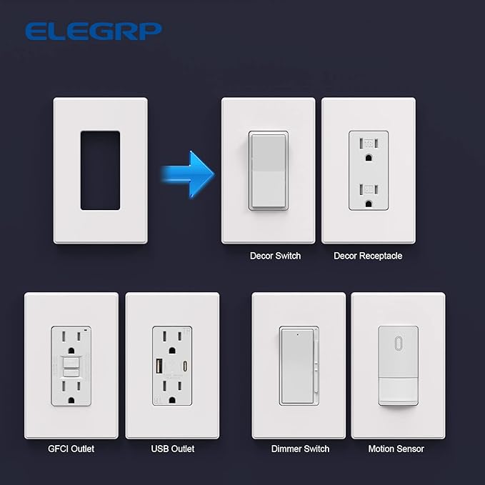 ELEGRP 1-Gang Screwless Decorative Wall Plates, Mid-Size Unbreakable Thermoplastic Faceplate Cover for Decorator Receptacle Outlet Switch, UL Listed (20 Pack, Matte White)
