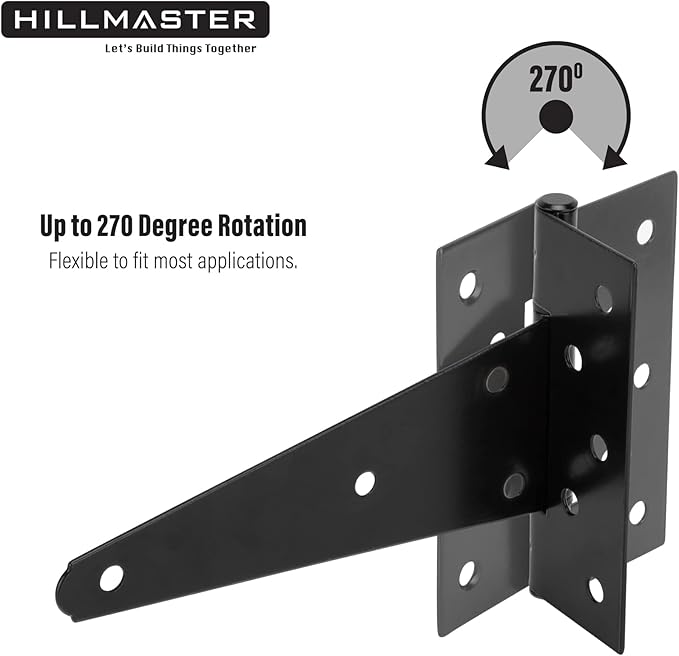 HILLMASTER 8 Inch T-Strap Heavy Duty Shed Door Hinges Gate Strap Hinges Black Tee Hinge Wrought Hardware for Wooden Fences,Yard,Barn Door,Rustproof (6 Pack)
