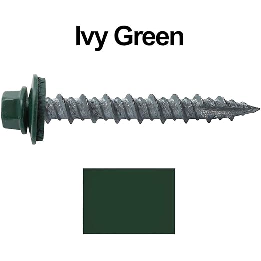 10 x 1-1/2" Ivy Green Metal Roofing Screws - Hex Washer Head- Self-Starting/Tapping - EPDM Washer. 1 x 250 Count Bag - 250 Screws